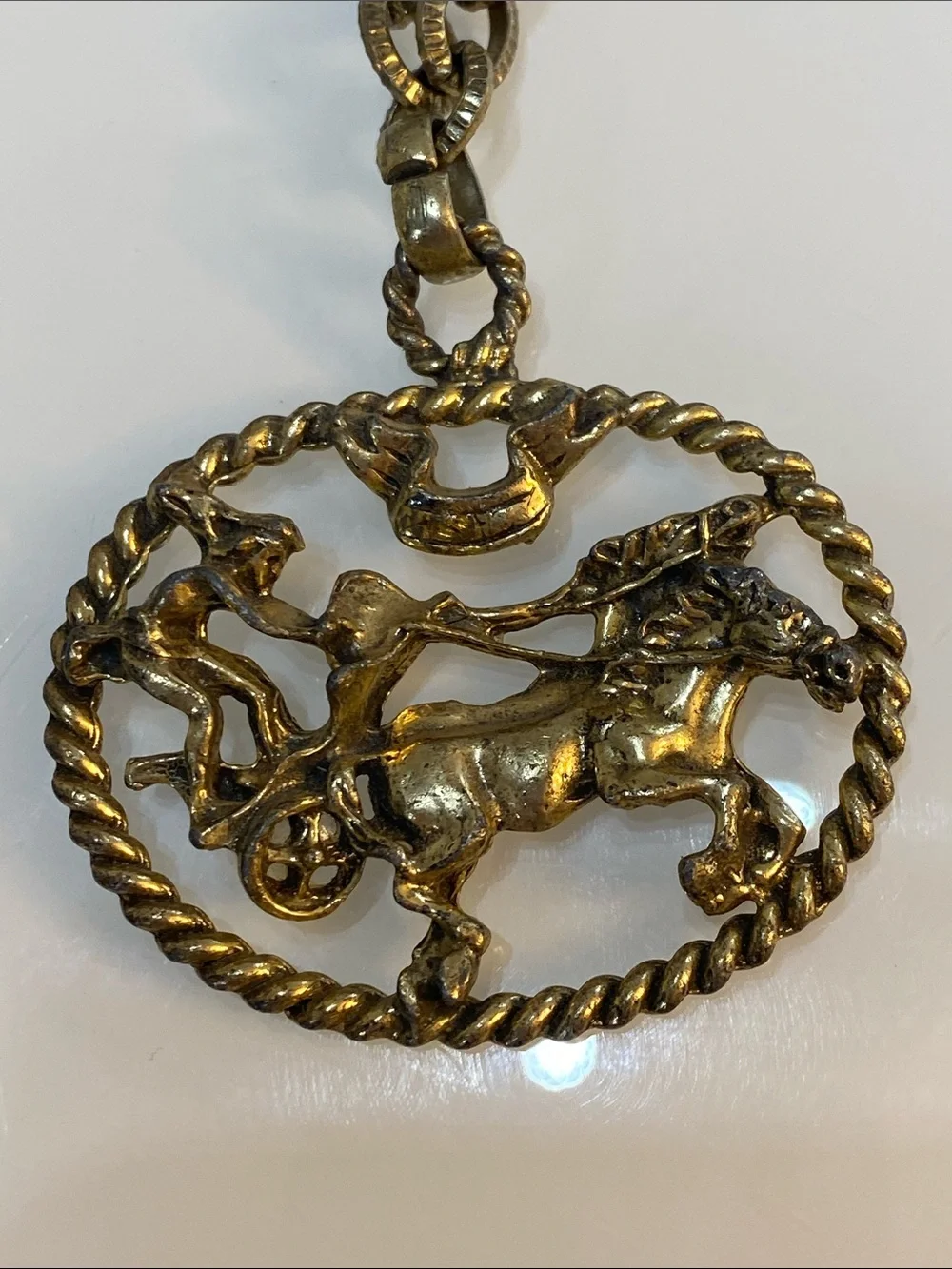 Vintage Horse Chariot Charm Bracelet Brass Tone Large Oval Ben-Hur Roman Style